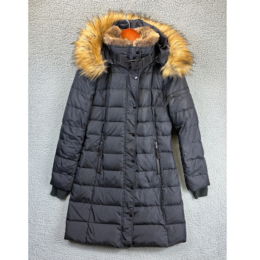 AQUA Faux Fur Hooded Puffer Coat Womens S Black Quilted Long Parka Winter Warm